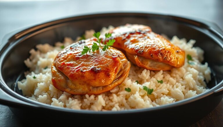 Chicken and rice in an oven
