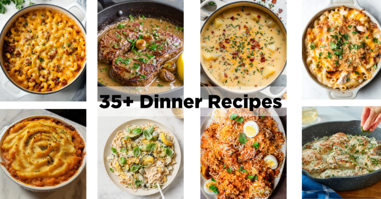 A collage featuring 8 pictures of tasty and healthy looking dishes and a text that reads, "35+ Dinner Recipes"