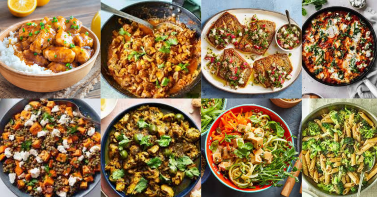 A canvas with 8 different healthy dishes for dinner option.