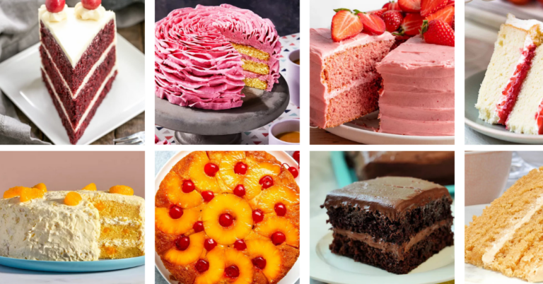 A collage featuring 8 different birthday cakes to choose from